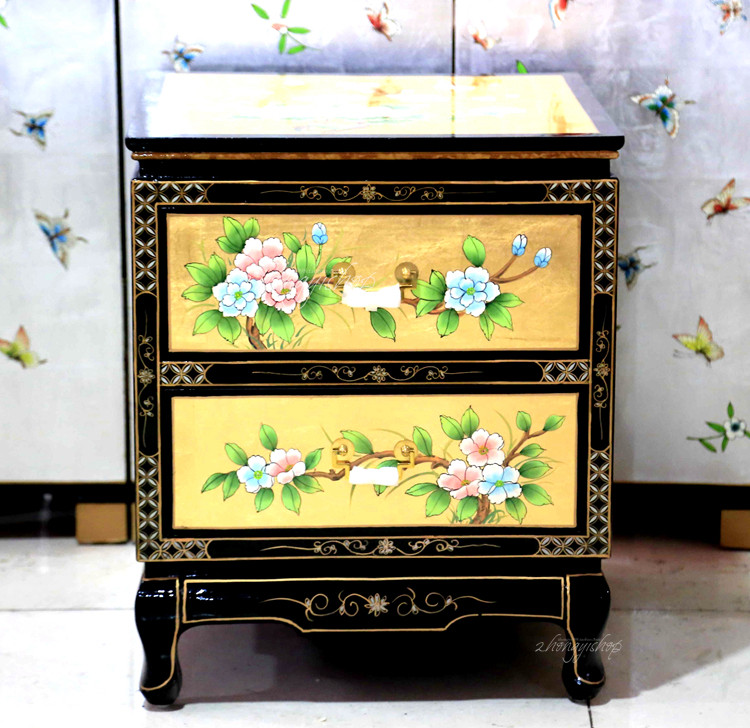 New Chinese hand-drawn gold foil hand-drawn bedside cabinet landing cabinet 2-cupboard