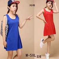 Mùa hè mới của phụ nữ kích thước lớn váy vest cotton màu rắn Một từ váy rộng vai dây đeo dưới đáy váy là mỏng váy liền chữ a