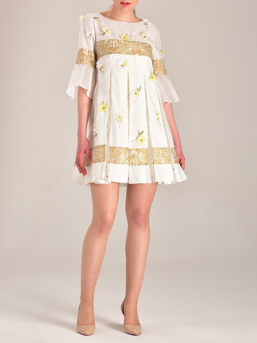 JESSICA 拼色条纹褶裥立体花朵饰连衣裙