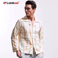 Mùa thu mùa đông mỏng nam phục vụ nhà cotton cotton dài tay cardigan bên ngoài mặc đồ ngủ thời trang áo sơ mi đơn do lot nu