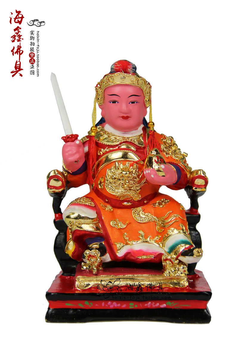 Haixin solemn Buddha statue, camphor wood carving, Taiwan color gold, civil and military general sitting posture 8 10 12 16 19 inches