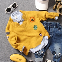 Childrens sweater spring autumn boys baby V collar irregular broken edge patch cloth embroidered hooded sweatshirt blouse