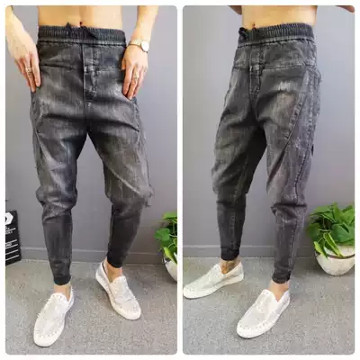 2021 spring and summer men's small feet slim-fit men's jeans trend tie-up cropped pants quick-hand net red with the same harem pants