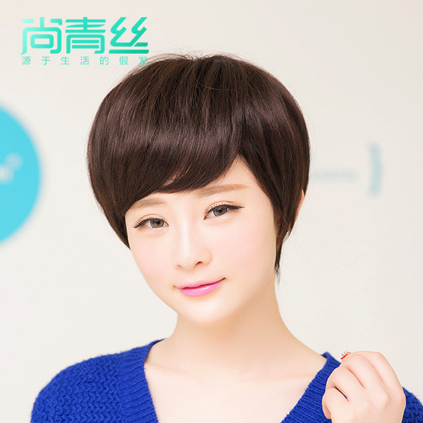 真发假发 短发蓬松 短卷发 手织头顶 斜刘海假发 女士假发 逼真