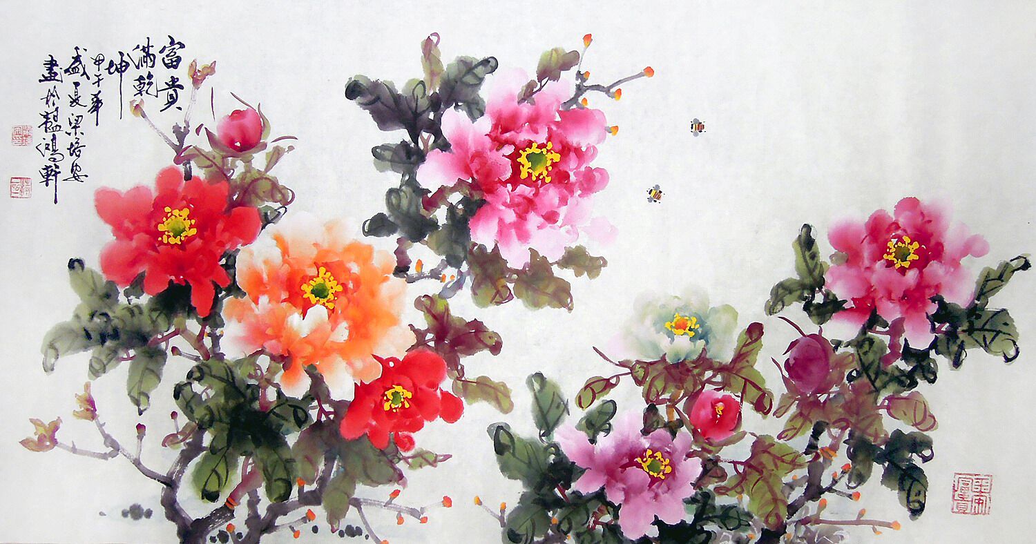 (Good painting, calligraphy and painting) C23266 Chinese painting, freehand flowers and birds, fine peony, rich and full of dryness (three feet)