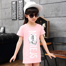 Childrens 2021 summer dress girl T-shirt short sleeve print medium child top girl Korean version of long base shirt