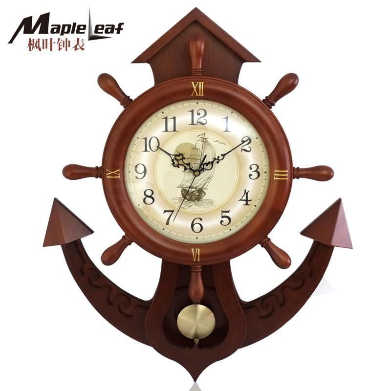 Maple Leaf Creative Hanging clock Living room European style solid wood clock ship rudder mute clock modern hanging watch quartz clock table-Taobao
