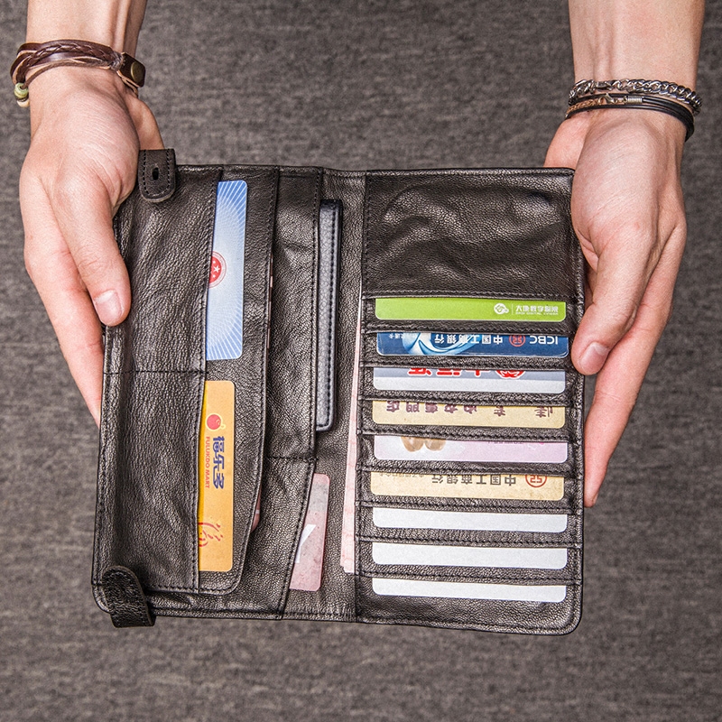 Men's multi-function small handbag long wallet Genuine leather vintage handmade wrinkled sheepskin clutch Passport leather wallet tide