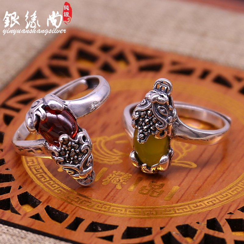 S925纯银貔貅戒指女款石榴石复古开口指环招财辟邪尾戒民族风饰品
