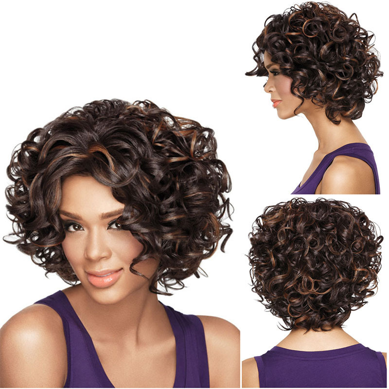 European, American, and African Black People's Afro Wigs Mixed with Brown and Golden Short Curly Hair Synthetic Wig