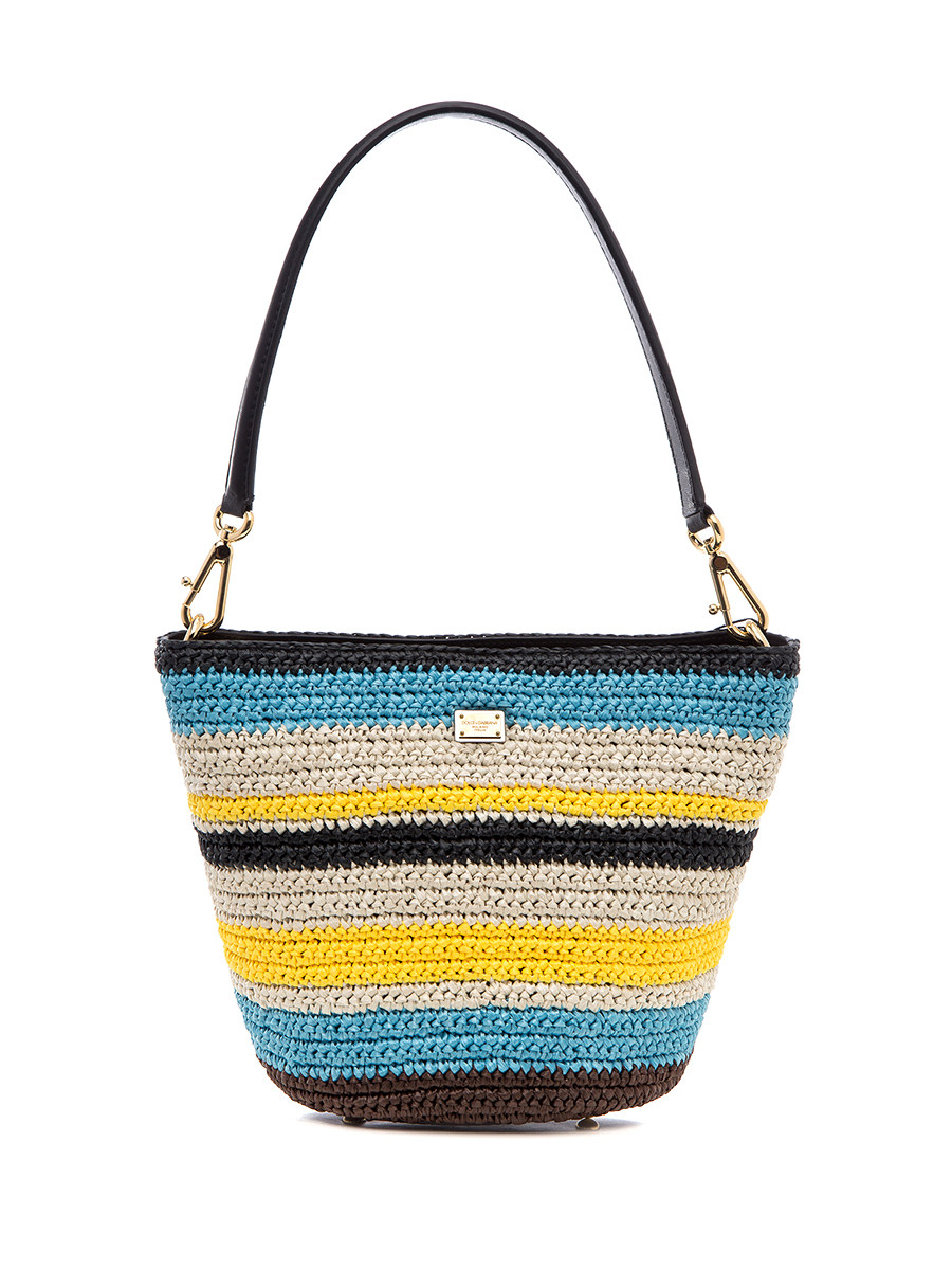 Dolce&Gabbana 米黄蓝拼色草编拉链开合肩包