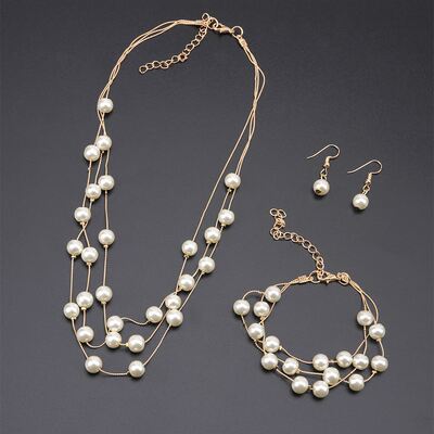 Korean-style fashionable pearl necklace, bracelet and earring set for women, three-piece pearl necklace accessory, personalized and elegant, versatile