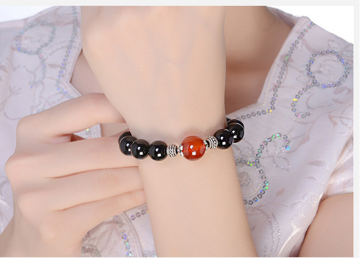Natural Black Shine Stone Hand-made for men and women Single-circle Rainbow Eye Black Shine Stones with red Manau matched beads