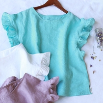 Japan soft and summer new for pure linen texture with small flying sleeves soft washed full linen T-shirt short sleeve blouse