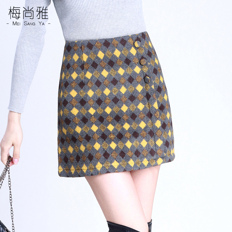 Autumn and winter yellow plaid short skirt new skirt wool a-line skirt High waist thin super fire Ocean School winter skirt tide