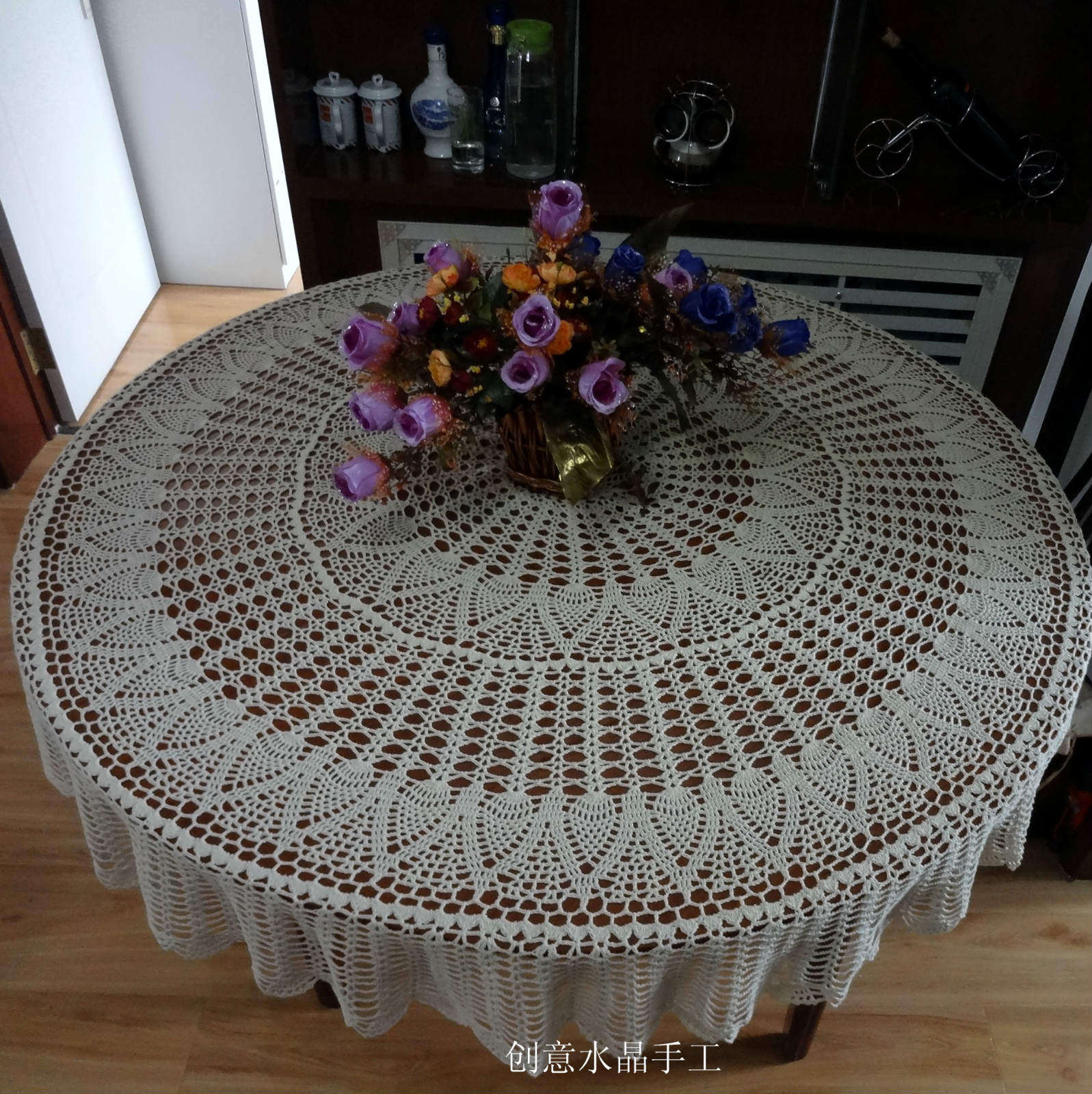 Creative crystal pure handmade crochet hook cotton lace Hollow woven tablecloth cover cloth decorative cloth Beige towel