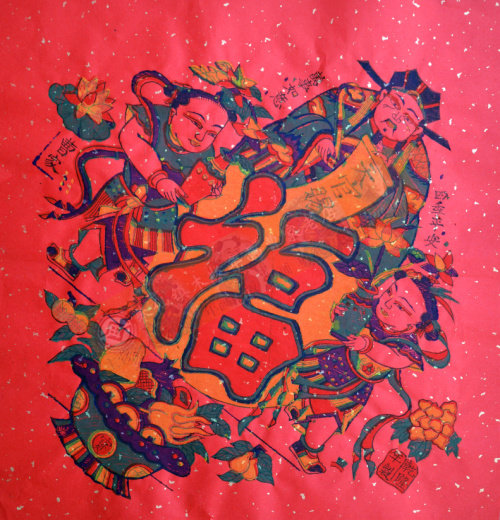 Zhu Xian town wooden board New Year painting) non-heritage) Cao family old shop) pure handmade fine printing) heavenly official blessing