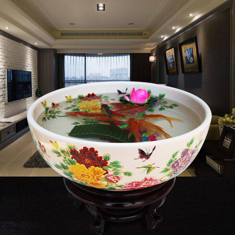 Send the base Jingdezhen ceramic turtle fish tank bowl lotus tank home decoration ornaments feng shui fish tank