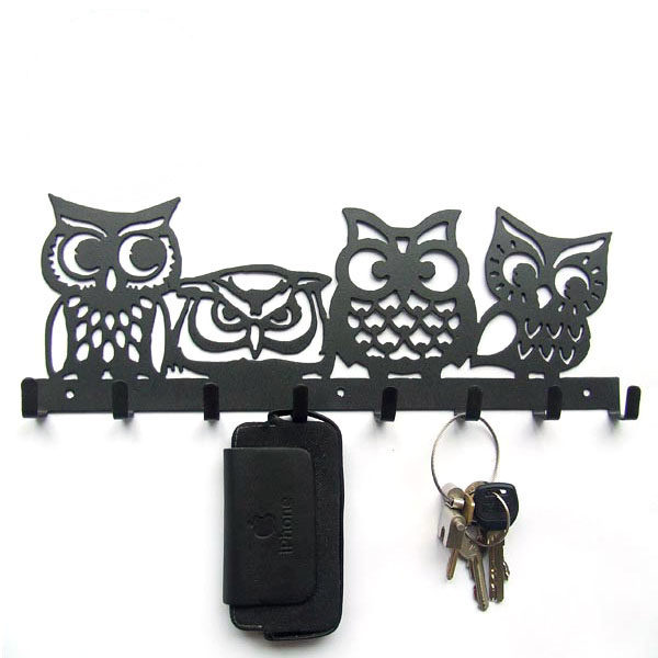 B020 original _ four owl creative hook iron art key hanging towel hanging black brown decorative wall-hanging