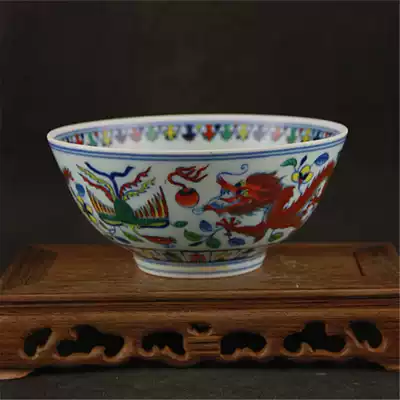Qing Yongzheng year handmade Fighting Dragon and Phoenix auspicious picture porcelain bowl Jingdezhen imitation official kiln ancient porcelain antique collection