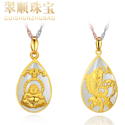 翠顺正品天然和田玉吊坠 99足金镶玉佛观音貔貅鱼吊坠多款可选