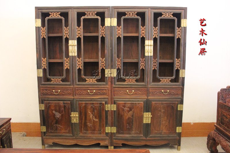 Fairy Tours Red Wood Vintage Furniture Big Red Acid Branches Black Frame Red Board Sandalwood Carved Bird Bookcase Two Combined Solid Wood