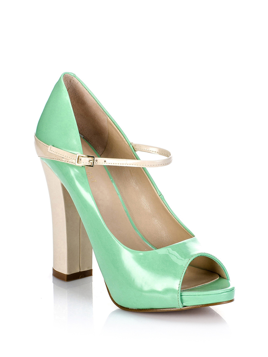 Nine West/玖熙 嫩绿拼裸色鱼嘴粗高跟鞋