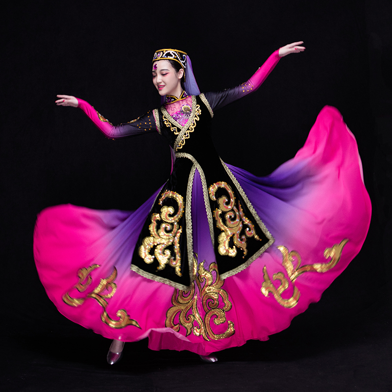 Chinese Folk Dance Costumes  Dance Costume Performance Dress Female National Long Skirt Performance Dress Adult Uygur Big Dress