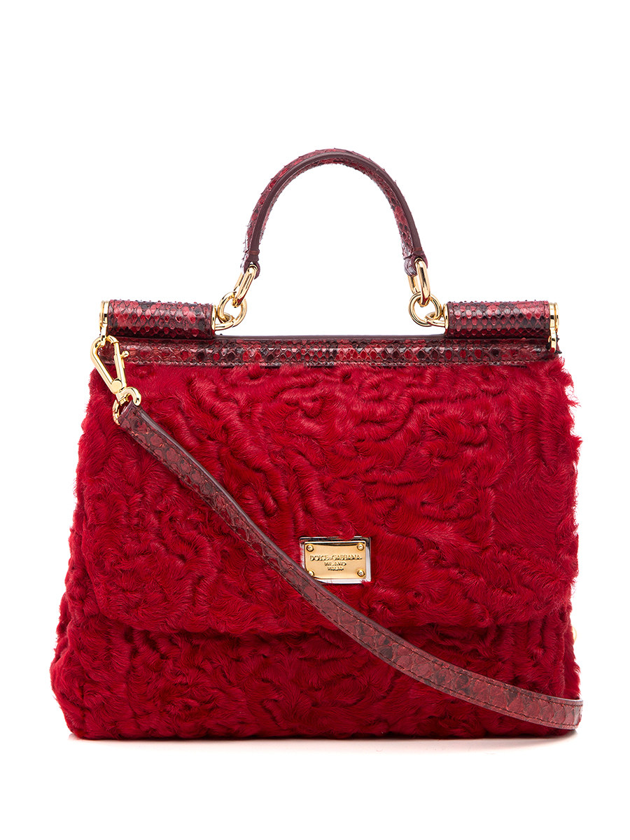 Dolce&Gabbana 红色蛇纹皮毛拼接翻盖手提肩包