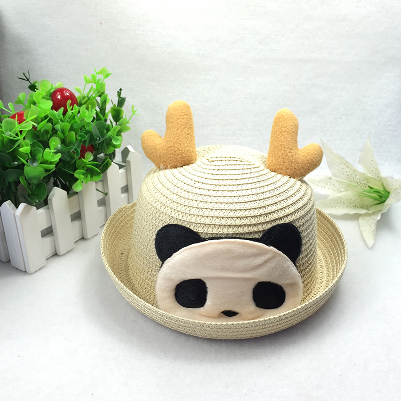 Han Tide Children Beach Sun Protection Sun Visor Hat Baby Basin Hat Men And Women Children Grass Hat Panda Deer Antlers Round Hat