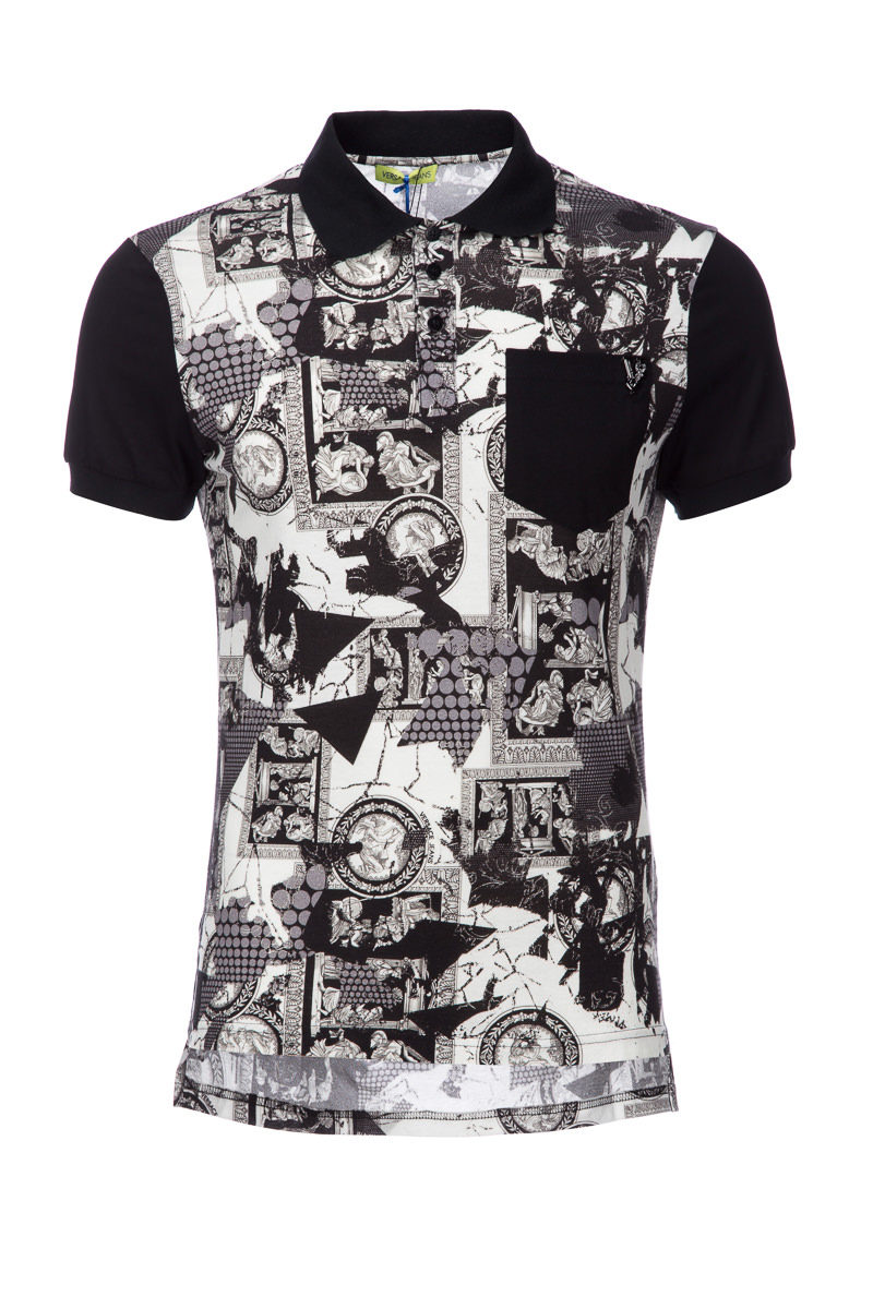 versace jeans 黑底拼接印花全棉Polo衫