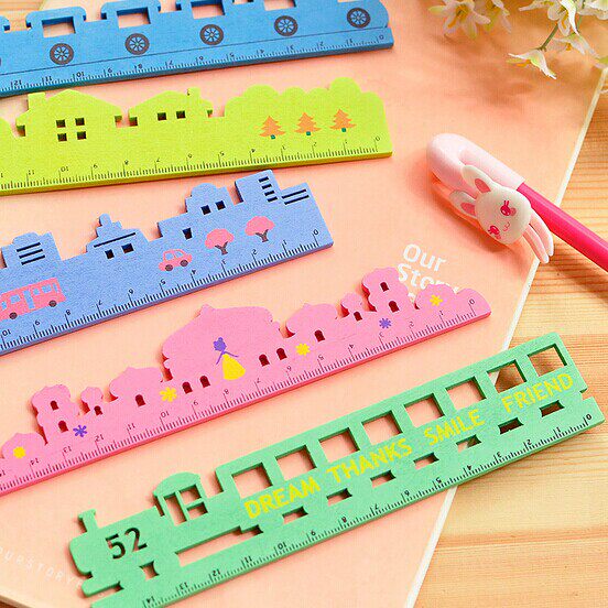 Hot Pins Candy Color Cute Creativity House Train Cartoon Wood Ruler Student Stationery Prize Gift