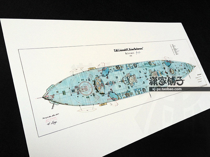 German Navy World War I battleship drawings Barbarossa (artillery deck) poster decoration painting
