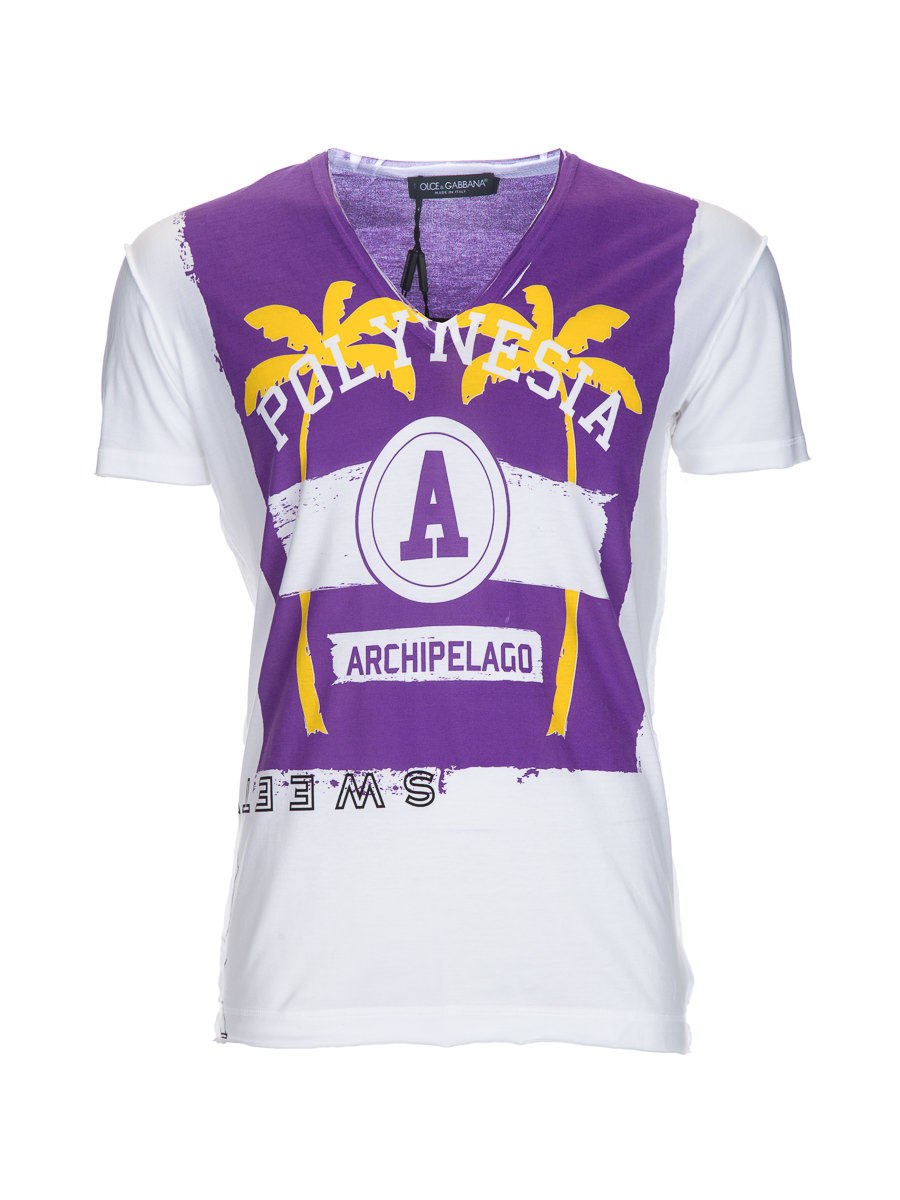 Dolce&Gabbana 白色拼紫色印花汉字V领T恤
