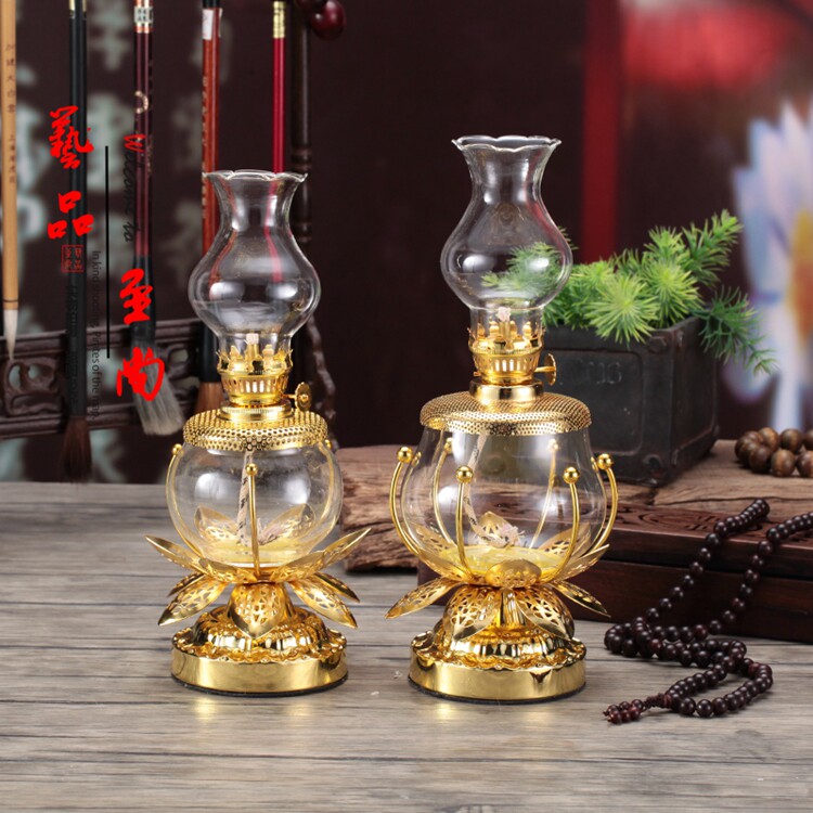 Glass dimming windproof and environmentally friendly liquid ghee lamp Buddha front for Buddha Changming for lamp sand gold color lotus lamp holder