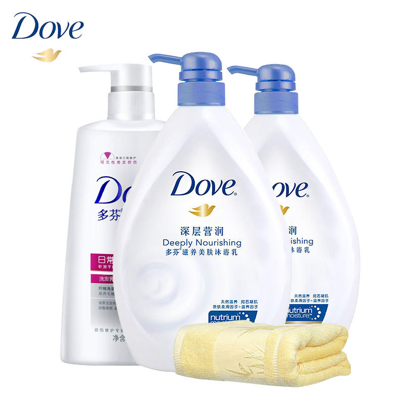 Dove多芬深层营润滋养沐浴乳1L/1000ml X2+日常洗发乳700ml+毛巾
