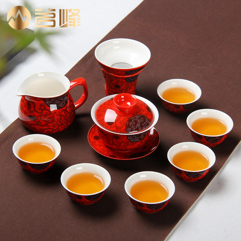 Tea Drinking Peak Ceramic Gong Fu Tea With Face Spectrum Red Glazed Green Flowers Tea Set Cover Bowl Fair Cup Tea Cup set of tea set