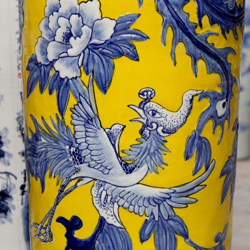 Jingdezhen ceramic yellow glaze hand - made phoenix peony of large vases, living room decoration to the hotel Chinese style household furnishing articles