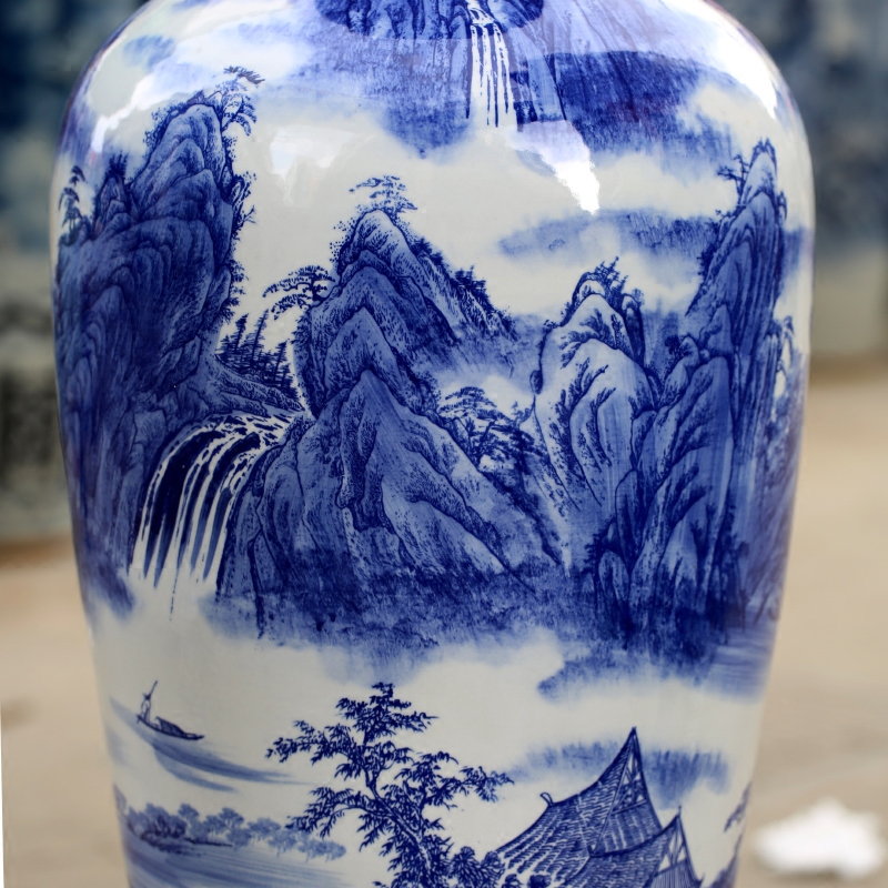 Jingdezhen ceramics home sitting room of large blue and white porcelain vase landscape painting village dawn rhyme furnishing articles ornament