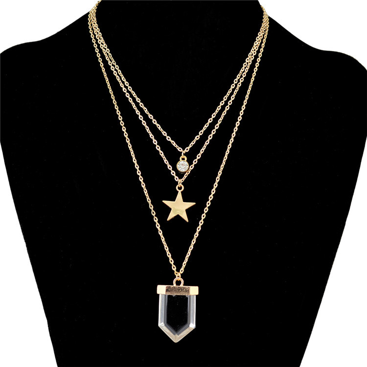 New European and American ornaments fashion minimalist multilayer metal long version chain necklace with star crystal pendant sweater necklace