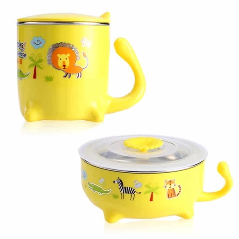 Children's tableware set Stainless steel bowl water cup with lid Baby bowl tableware Anti-hot and fall-proof children's bowl water cup rice bowl