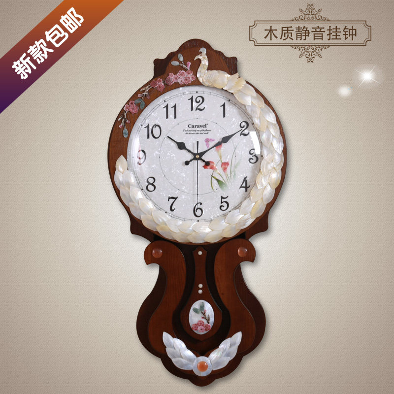 TQJ European style wood wall clock Korean color shell quartz clock living room clock bedroom muted hanging watch