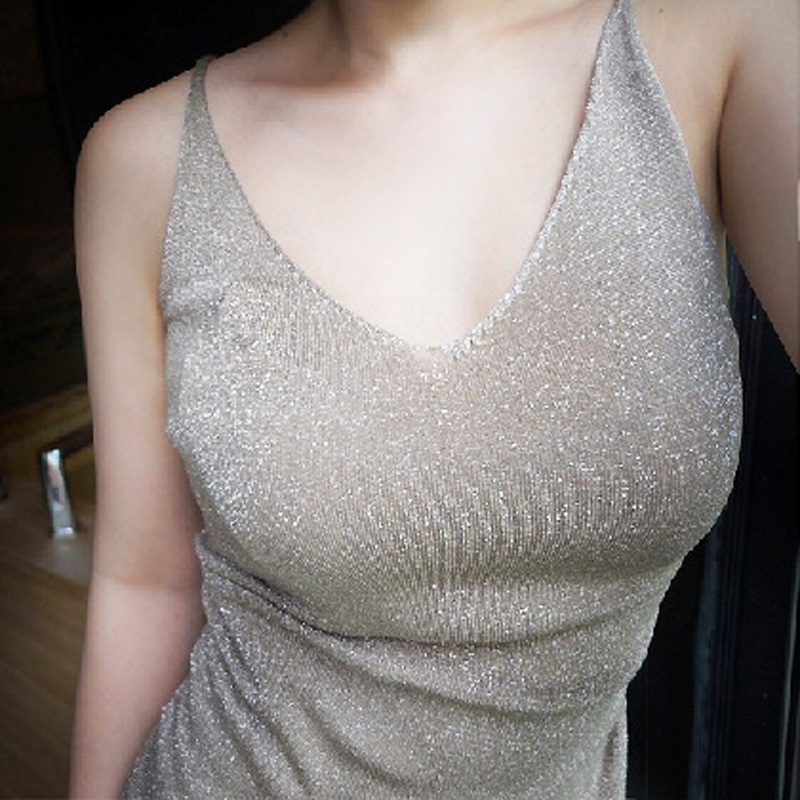 2020 Spring and Autumn Sexy V-Neck Camisole Versatile Mid-Length Tank Top for Women Solid Color Silver Thread Knitted Base Shirt Shiny 2020 Spring and Autumn Sexy V-Neck Camisole Versatile Mid-Length Tank Top for Women Solid Color Silver Thread Knitted Base Shirt Shiny