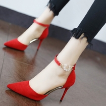 Red wedding shoes Korean edition thin heel pointed high heels women rhinestone sexy word buckle back zipper single shoes 2020 new