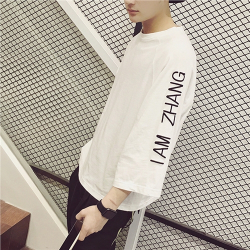 夏季港风七分袖t恤男韩版宽松权志龙同款中袖刺绣半袖打底衫潮