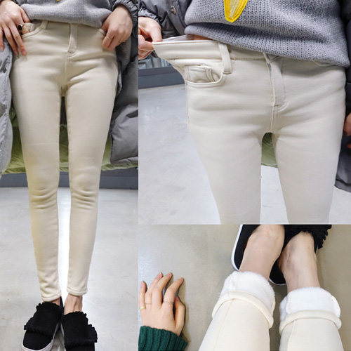 Day Fat South Korea Basic Plus Suede Thick out Wearing Cream Beige THIN SMOKE PIPE PANTS TW575