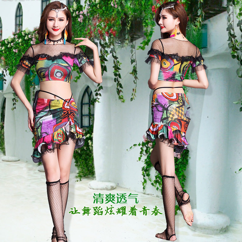 2019 new belly dance practice clothing mesh stitching jacket ethnic style dance practice suit