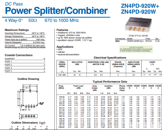 670-1000MHz radio frequency 10% four power divider instead of ZN4PD-920W Mini-Circulits