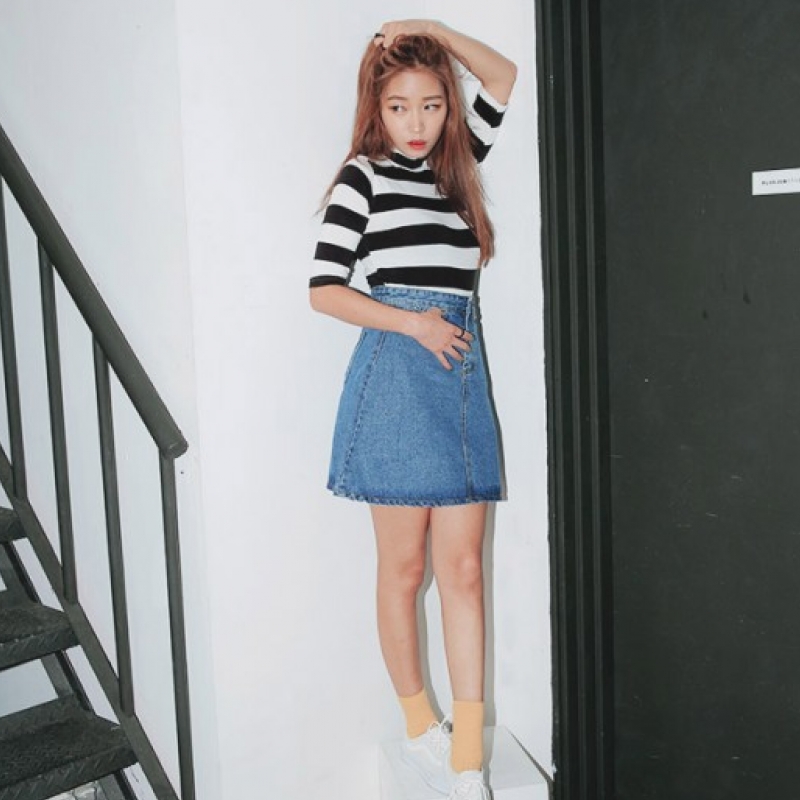 韩国stylenanda官方正品 迷你插兜A字牛仔短裙-牛仔蓝色