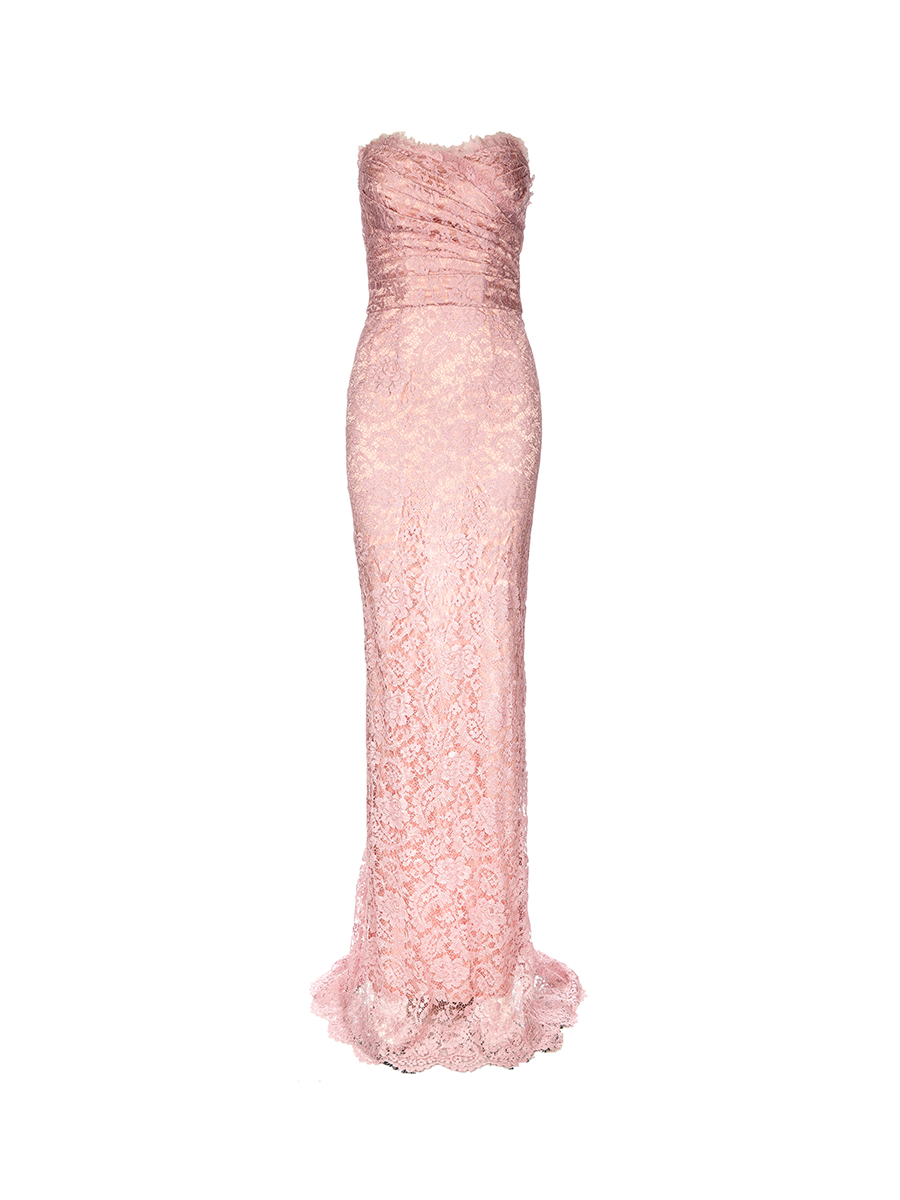 Dolce&Gabbana 粉色褶皱饰蕾丝抹胸超长连衣裙